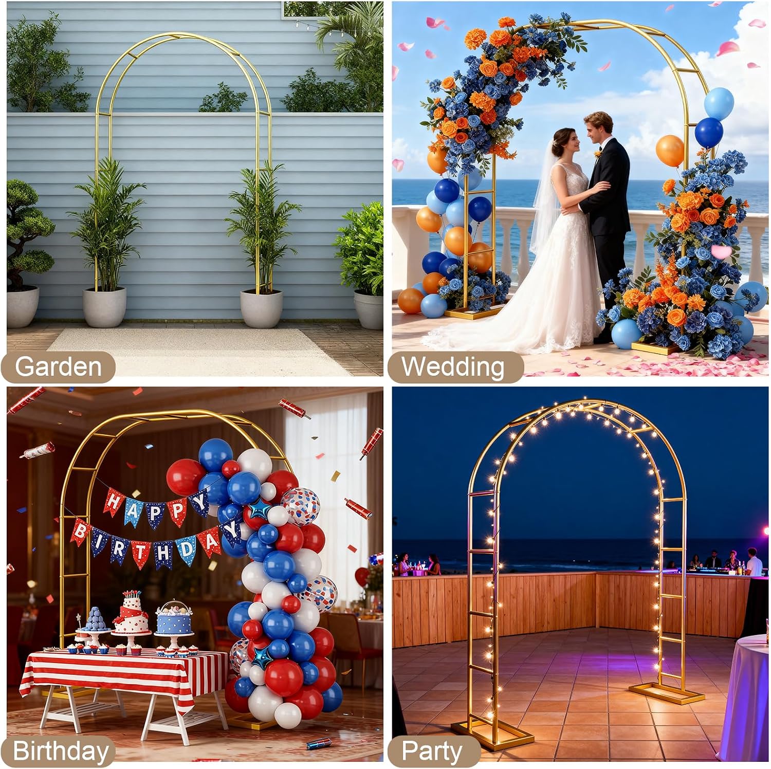 7.2FT Wedding Arch Backdrop Stand Metal Frame Gold Pergola Arbor with Base