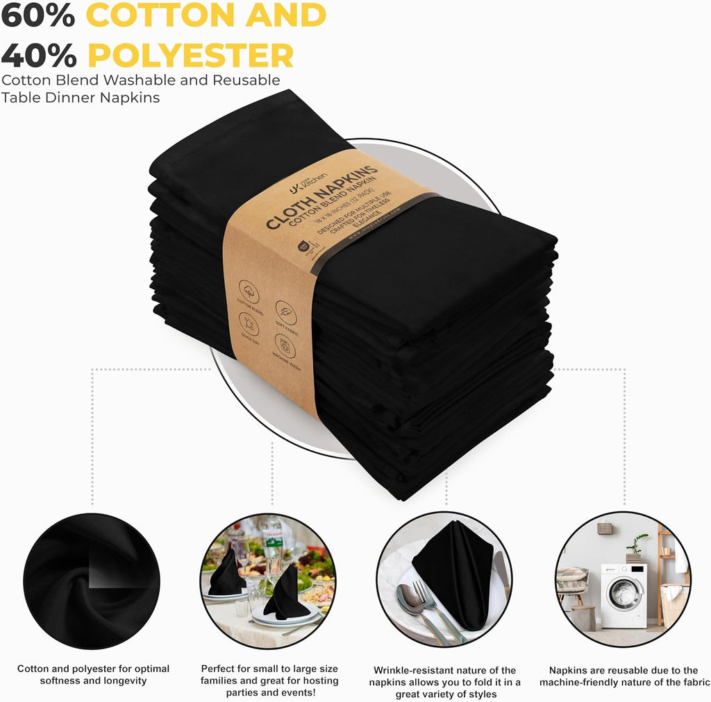 Cotton Blend Black Cloth Napkins [12 Pack, 20x20 Inch]