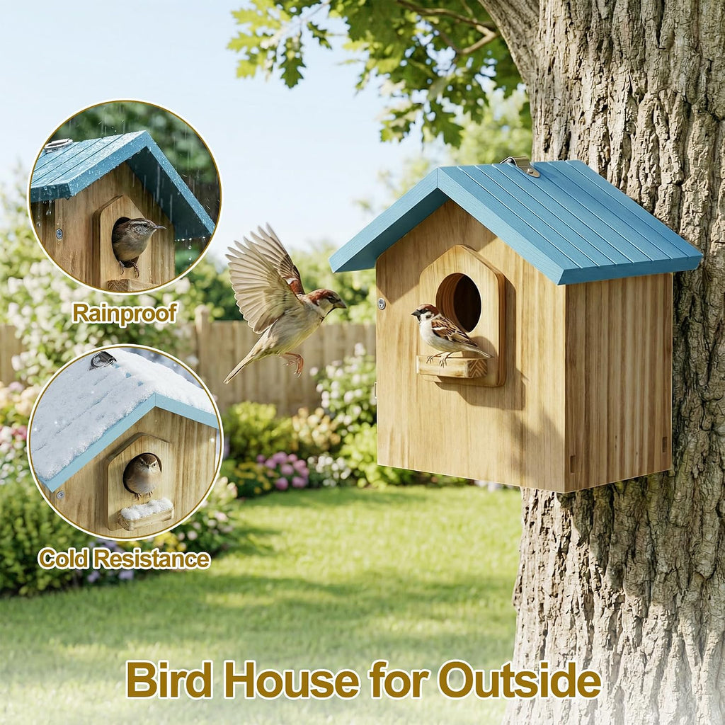 Bird House for Outside, Wooden Hanging Bird Nesting Box with Perch
