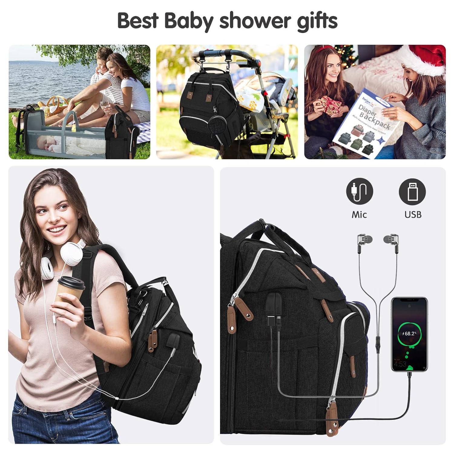 Diaper Bag Backpack, Large Baby Bag with Changing Pad, Thick Padded Back & Straps, Laptop Compartment, Waterproof