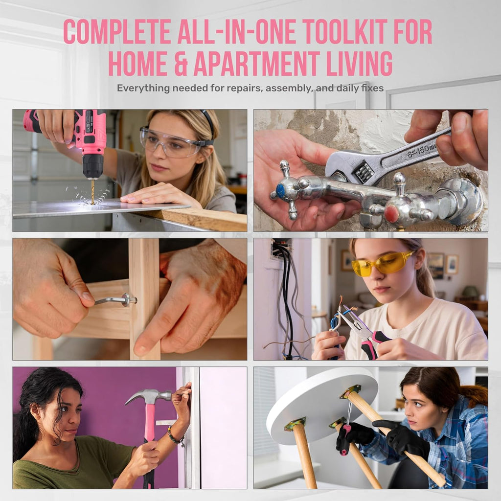 Pink Tool Set with 8V Drill Set. Complete Cordless & Rechargeable USB Electric Drill Driver Kit for Women, Home DIY