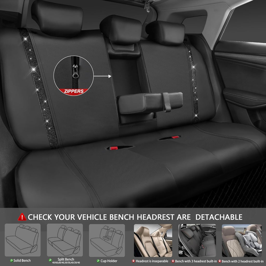 Leather Bling Diamond Car Seat Covers Full Set, Shining Rhinestone Waterproof Durable Rear with Zipper, Universal Fit