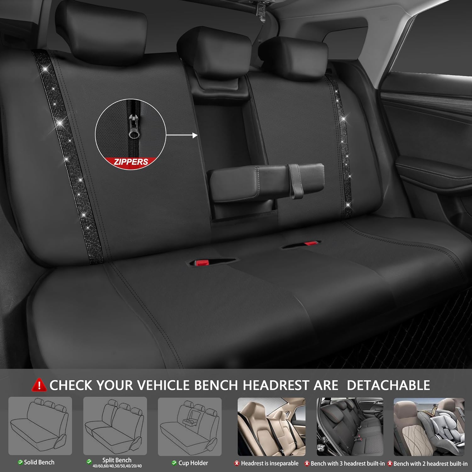 Leather Bling Diamond Car Seat Covers Full Set, Shining Rhinestone Waterproof Durable Rear with Zipper, Universal Fit