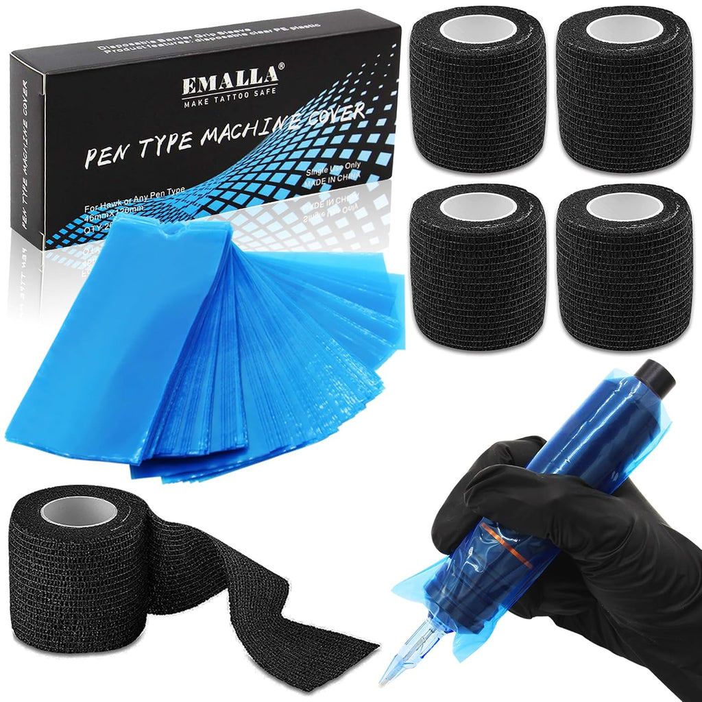 Pen Machine Covers with Grip Tapes - Rayyl 200pcs Tattoo Pen Covers and 4pcs Tattoo Grip Tape Wrap Tattoo Machine