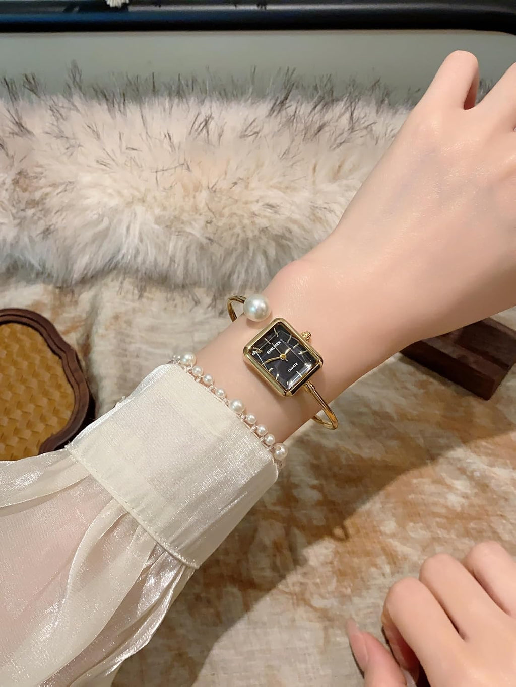 Pearl Bangle Watch for Women, Gold Bracelet Watch with Square Easy Read Dial, Dainty Elegant Cuff Watch for Women