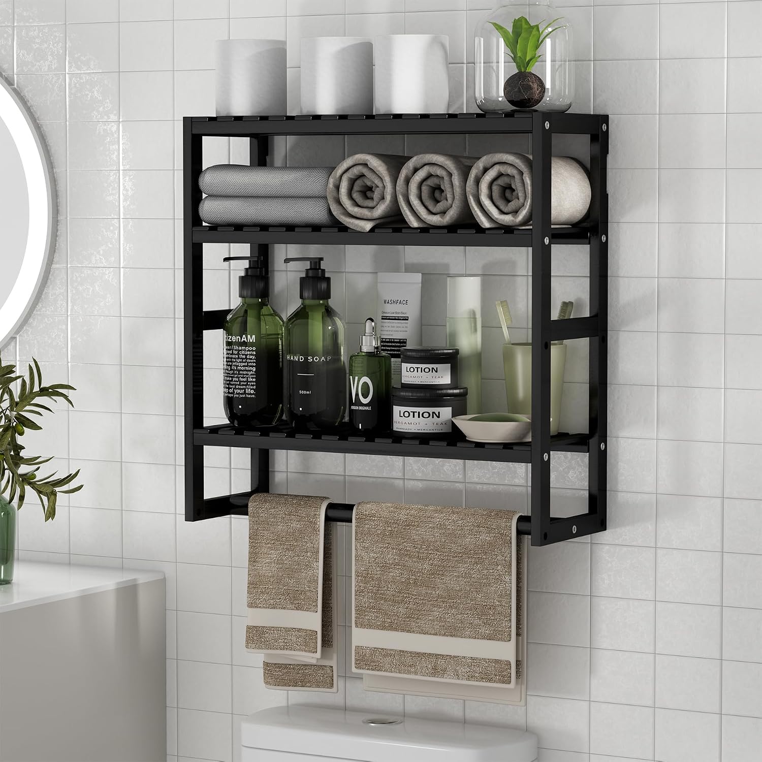 Towel Rack Bathroom Storage Shelves Over The Toilet with Towel Bar 100% Bamboo Adjustable Height Floating Shelf Wall