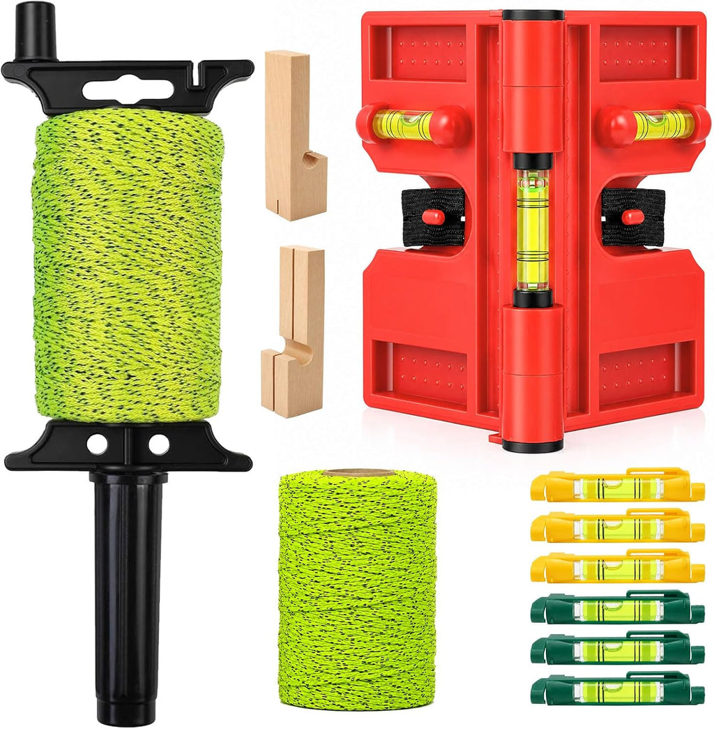 Mason Line String Kit with Adjustable Magnetic Post Level – Includes 6 hanging line levels, 2 rolls 540FT #18 mason