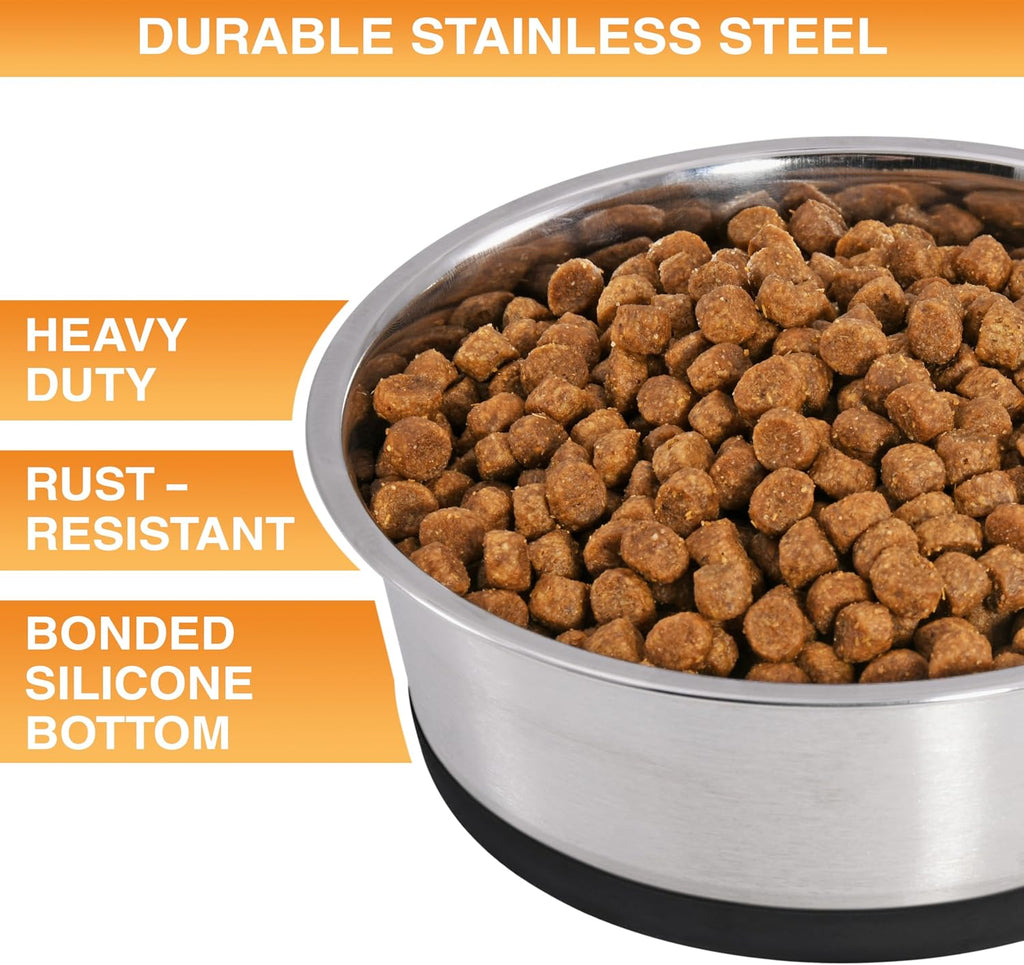 Stainless Steel Dog Bowls with Non-Slip Rubber Bottom – Set of 2, 6 Cup (48 oz), Black - Heavy Duty Metal Dog Bowl