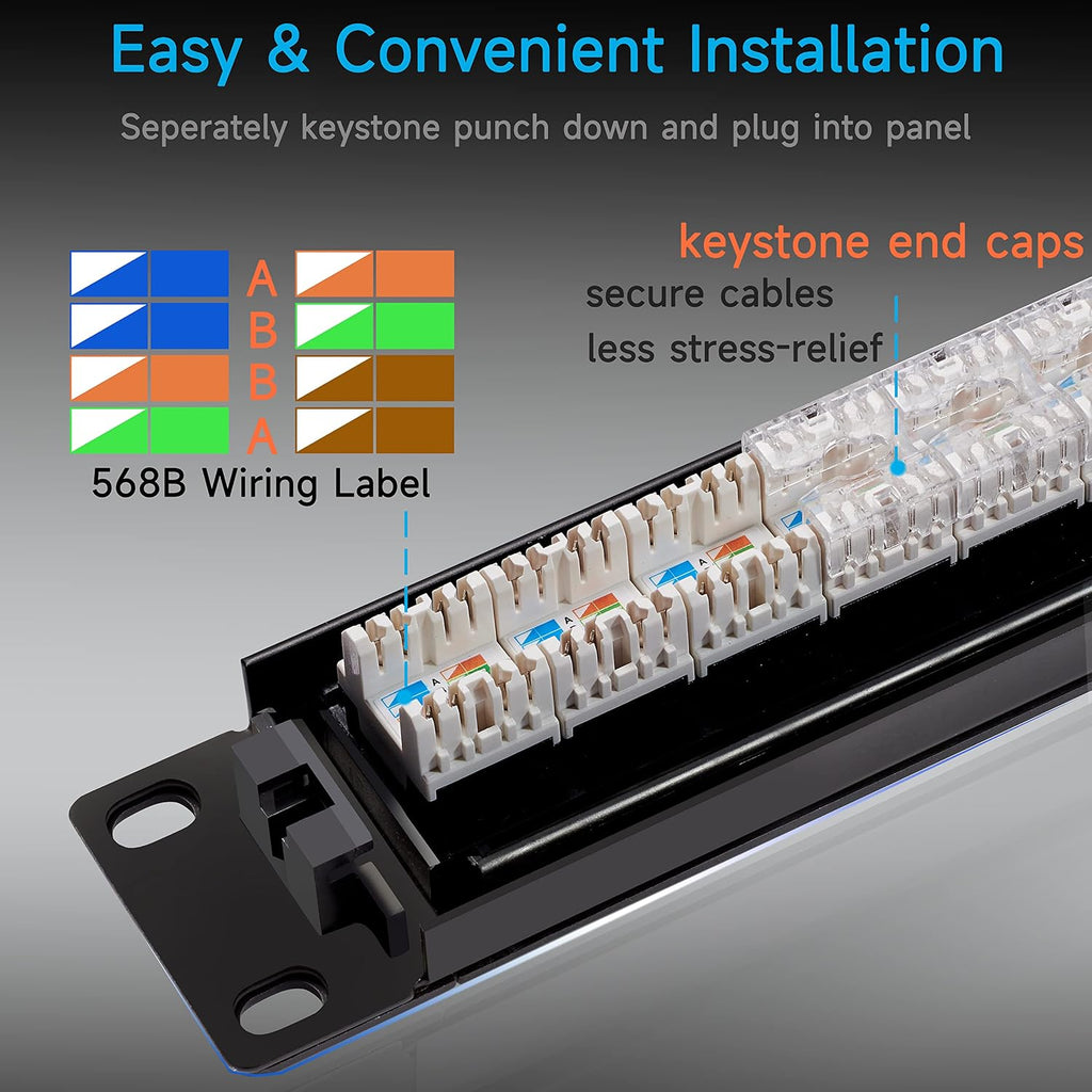 Cat6 Patch Panel 24 Port with Keystone, RJ45 Network Panel 19 Inch, Punch Down Keystone Ethernet Patch Panel with Back Bar