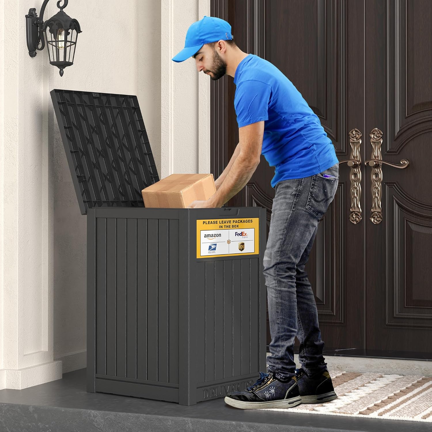 Package Delivery Box for Outside with Sign, 48 Gallon Storage with Lockable Secure, Large Double Wall Resin Outdoor