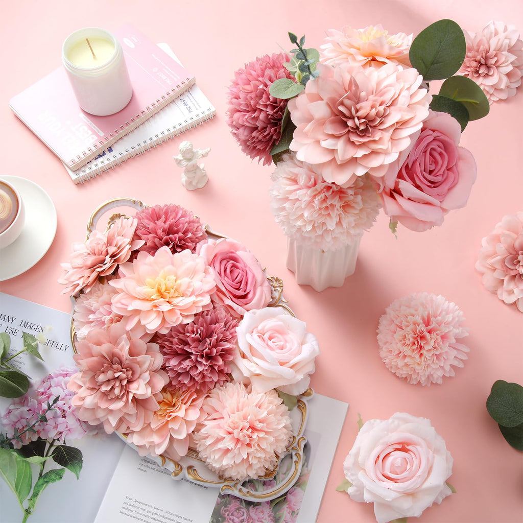 98pcs Artificial Flowers with Stems, Pink Color