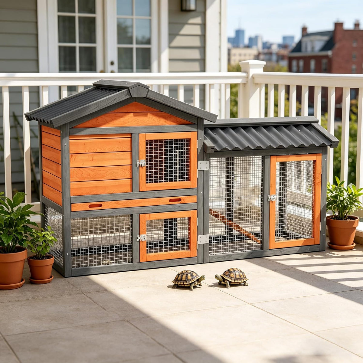 Large Tortoise Habitat House Indoor Outdoor Wooden Turtle Hidden Enclosure with Ventilating Wire Fence Reptile Lounge