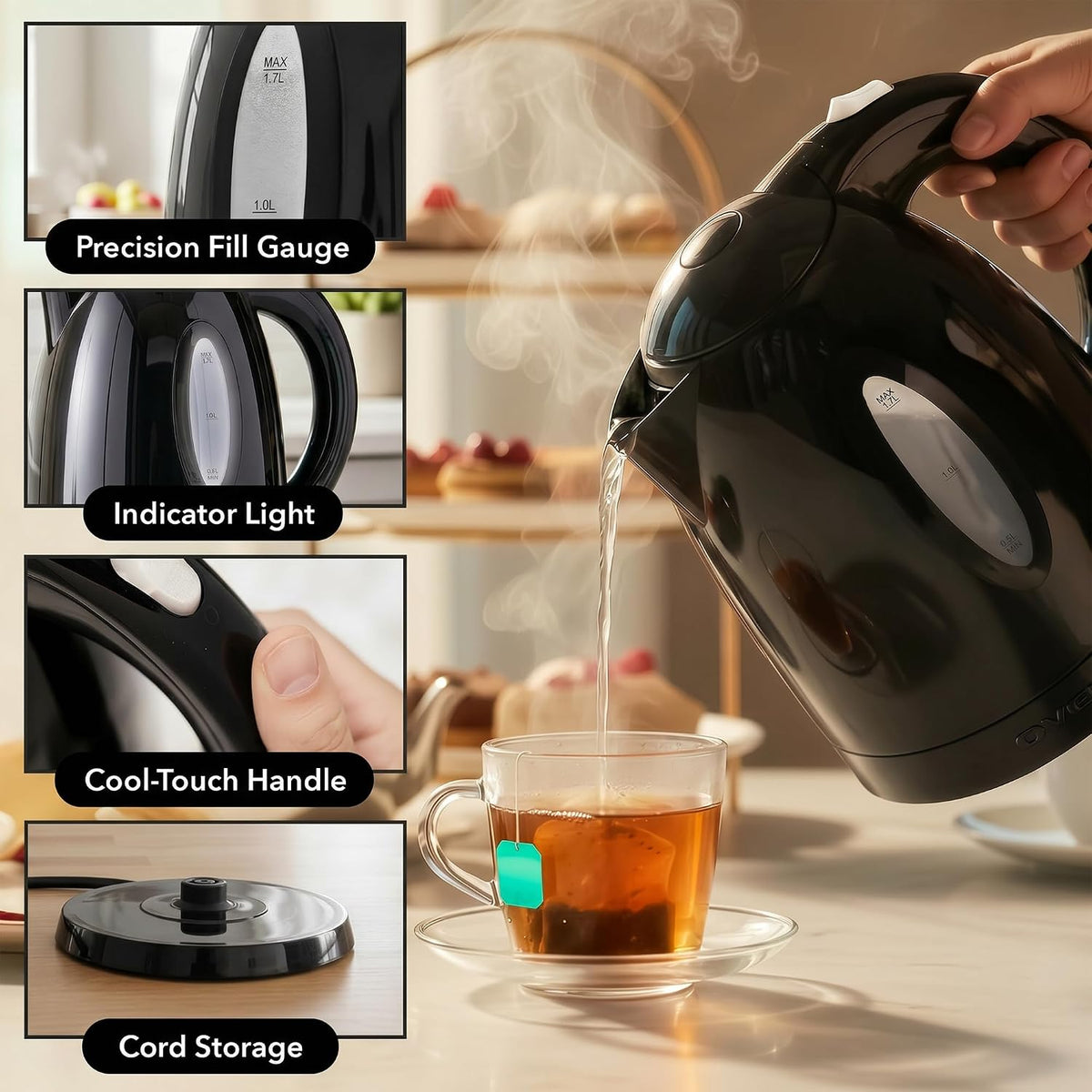 1.7L Electric Tea Kettle, 1100W BPA-Free Water Boiler, Black KP72B | Fast Boiling, Auto Shut-Off, Boil-Dry