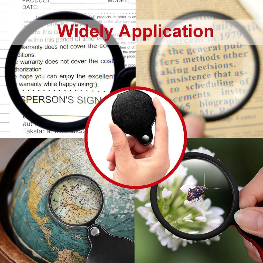 10x Small Magnifying Glass for Seniors/Kids, Pocket Folding Magnifier | with Rotating Protective Leather Sheath