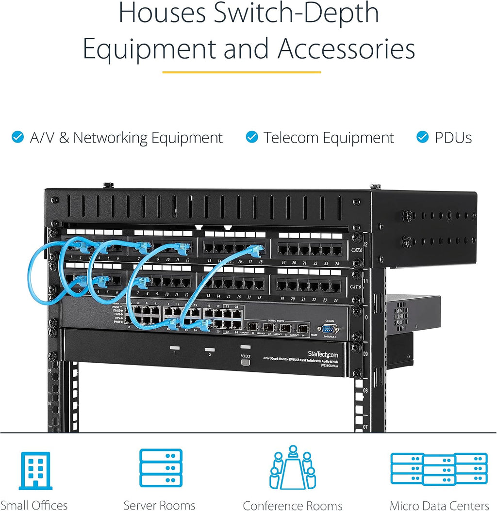 StarTech 12U 2-Post Wall Mount Open Frame Rack, 19in, 200lb (RK12WALLOA)
