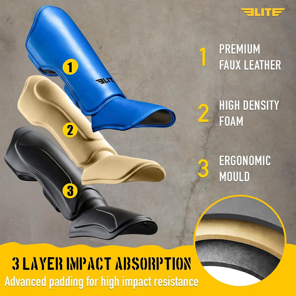 Muay Thai MMA Kickboxing Boys and Girls Shin Guards for Age 4 to 14 Years, Instep Guard Sparring Protective Leg Shin