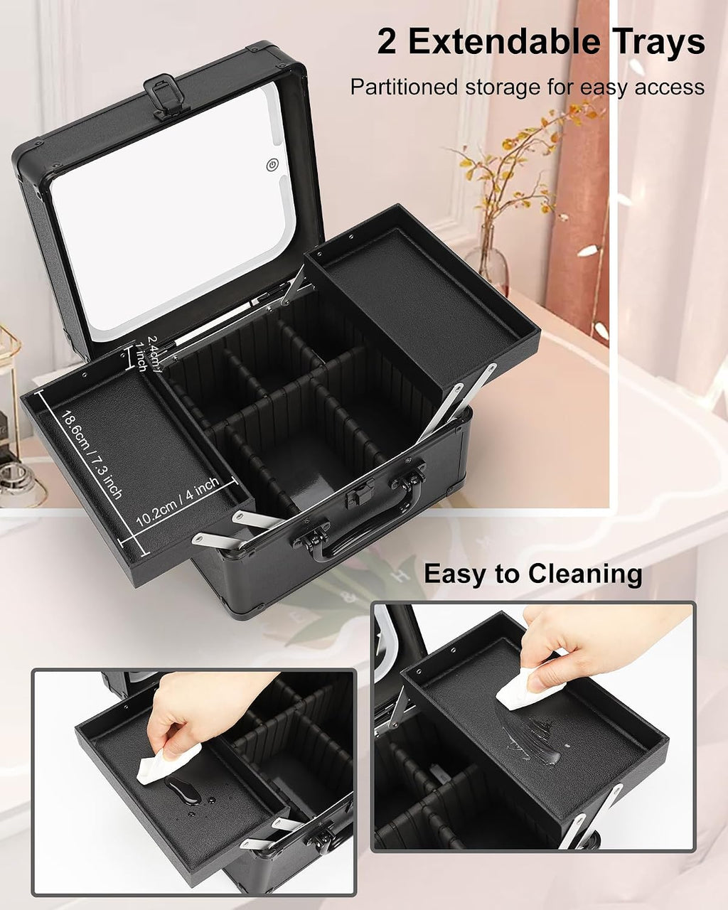 Makeup Bag with Mirror, Makeup Case Organizer with Brush Holder | Removable LED Mirror, Adjustable Dividers, Multiple