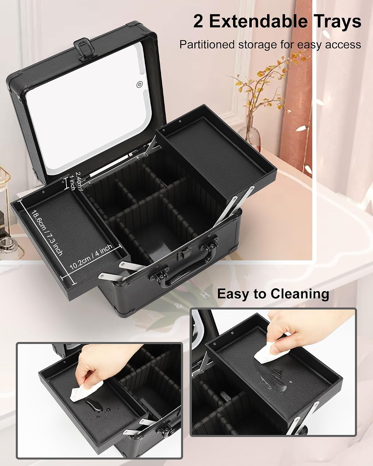 Makeup Bag with Mirror, Makeup Case Organizer with Brush Holder | Removable LED Mirror, Adjustable Dividers, Multiple