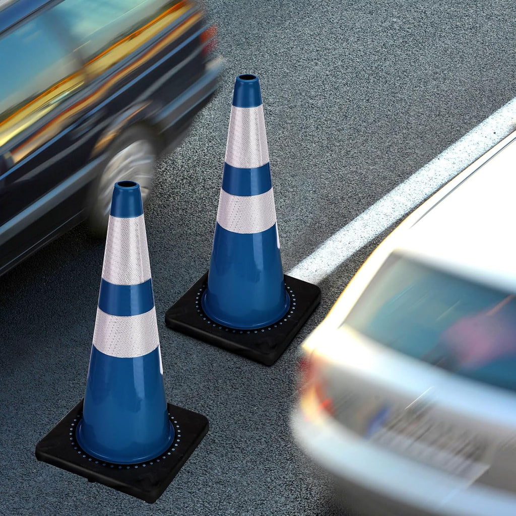 6 Pack Traffic Safety Cones 28 Inch Plastic PVC Blue Traffic Cones with Black Base and Reflective Collars for Street
