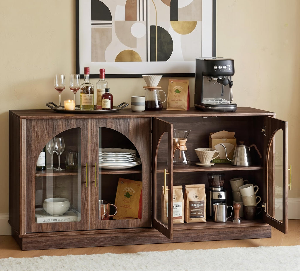 64" Sideboard Buffet Cabinet with Arched Glass Doors,Dark Walnut
