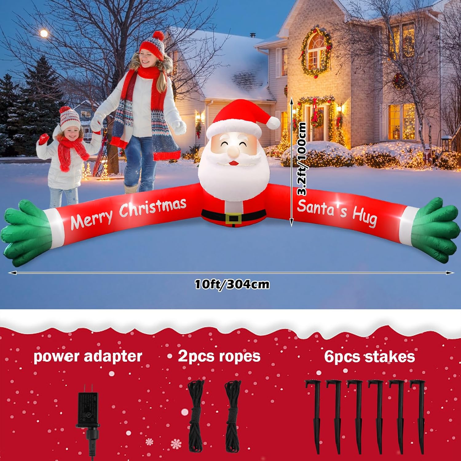 10FT Giant Christmas Inflatable Santa Claus Outdoor Decorations, Hug Santa Inflatable Built-in LED Light