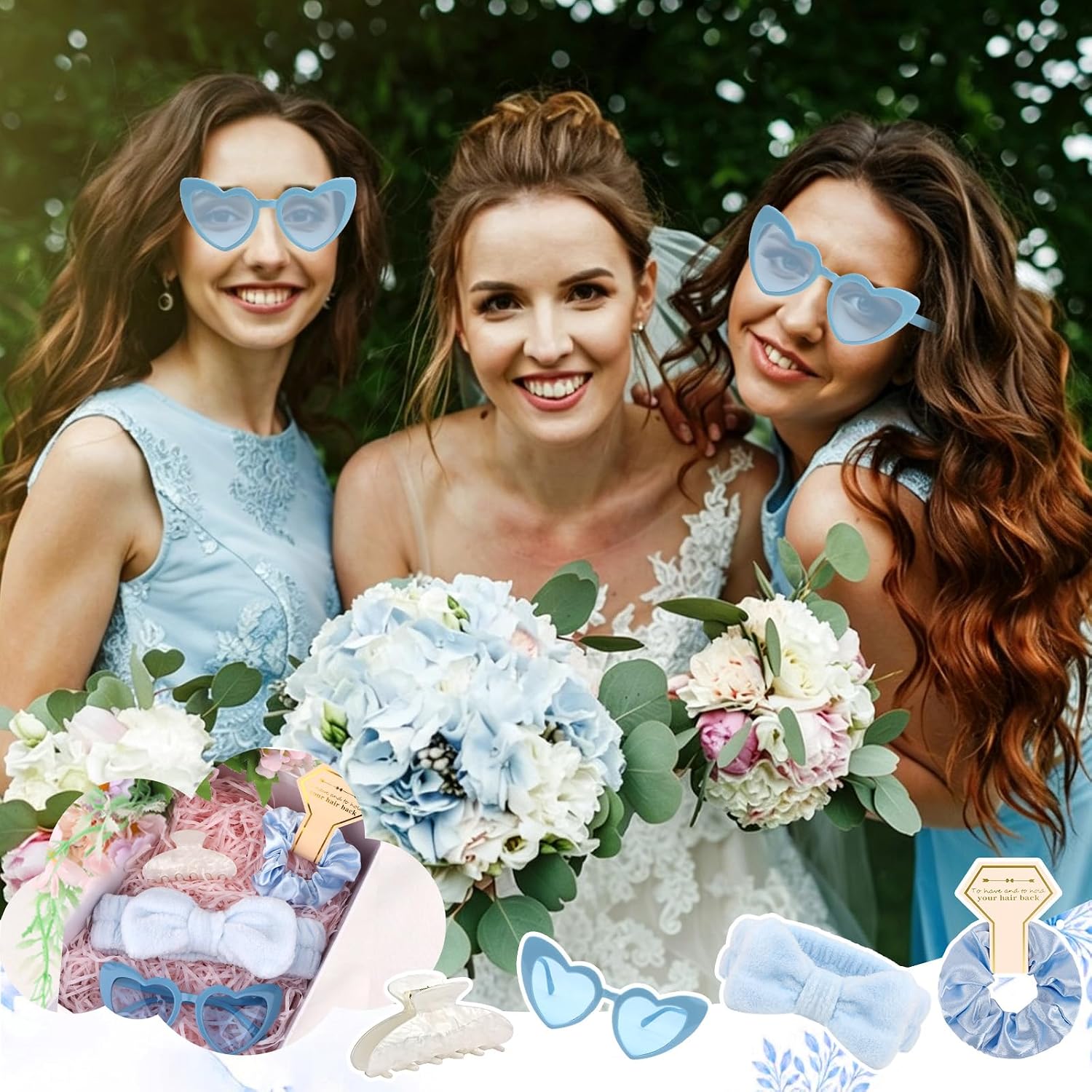 4PCS Bridesmaid Proposal GiftsSatin Hair Scrunchies Heart Sunglasses Spa Headband Acrylic Claw Clips Bachelorette