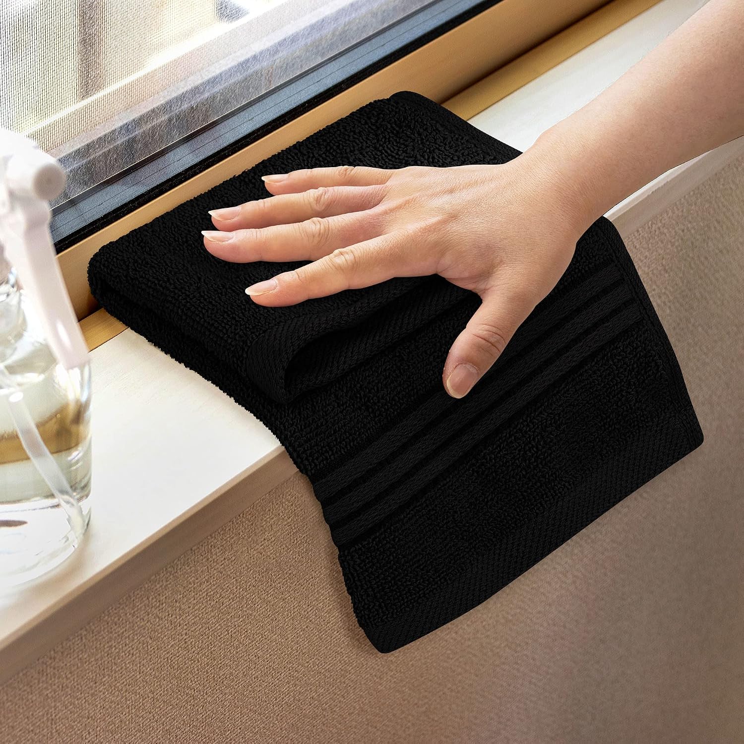 12 Pack Premium Wash Cloths, 12x12 in, 100% Cotton, Black | Highly Absorbent Soft Feel Lightweight Washcloths