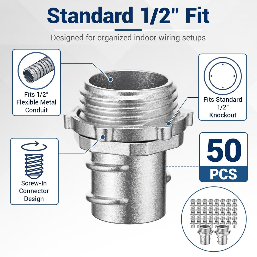 50 Pack 1/2 Inch Flexible Metal Conduit Connectors