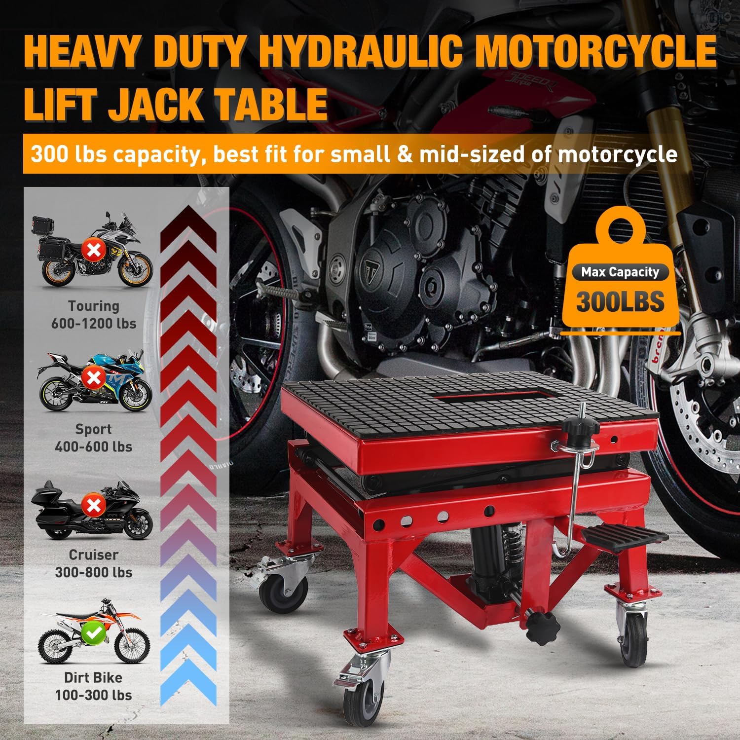 Motorcycle Lift Table Jack 300 LBS Heavy Duty Hydraulic Motorcycle Scissor Jack Lifts Table Foot Pedal with 4 Caster