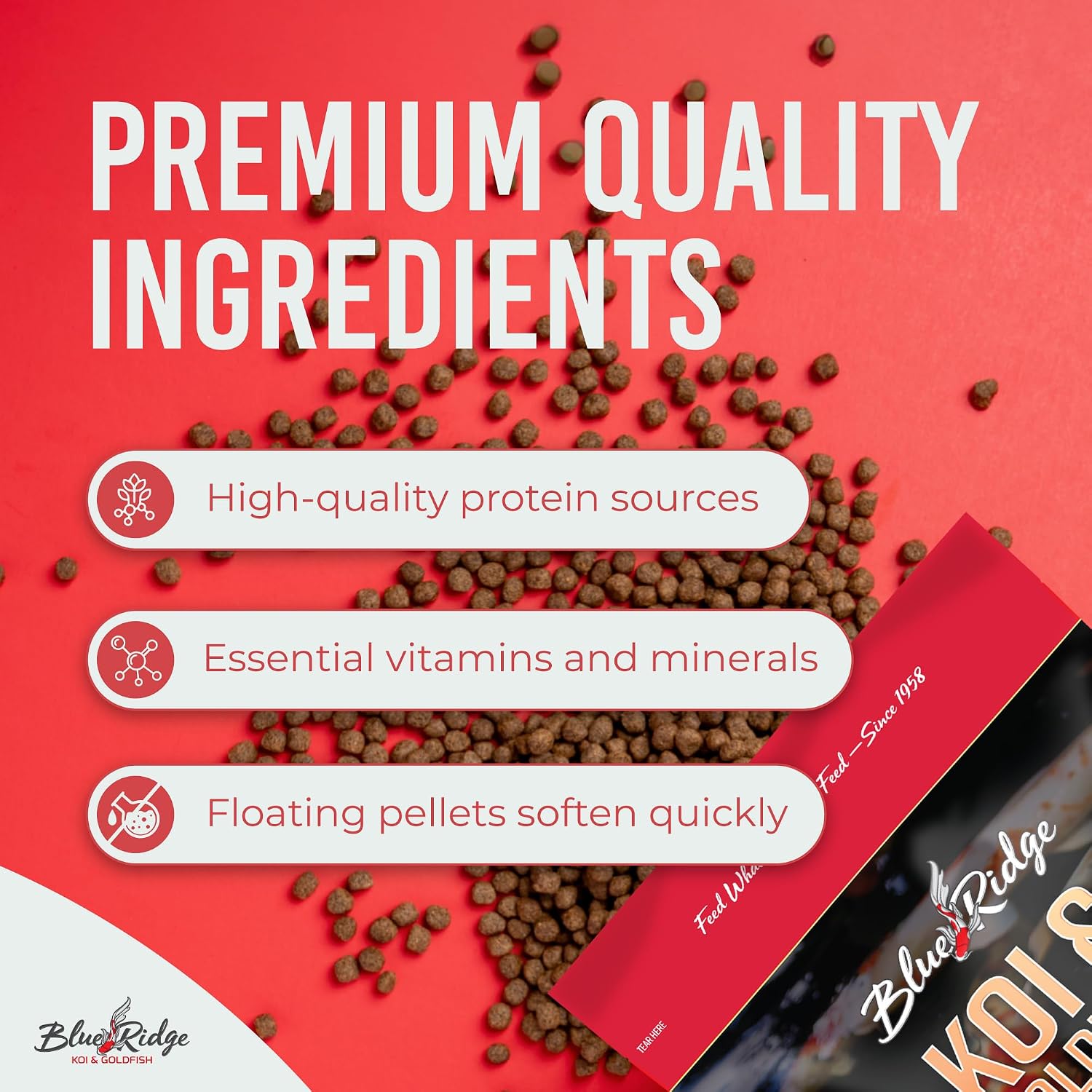 Blue Ridge Koi Fish Food, Growth Formula Blend, 3/16" Pellets, 2 lb | 36% Protein For Active Growth • Large & Mini