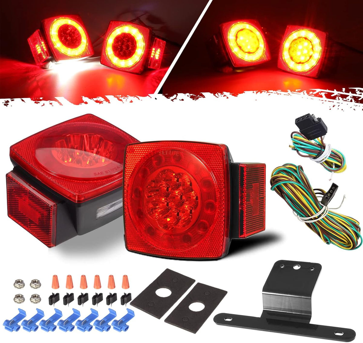 Led Submersible Trailer Tail Lights Kit, Waterproof 12V Square LED Trailer Lights Halo Glow with Wiring Harness