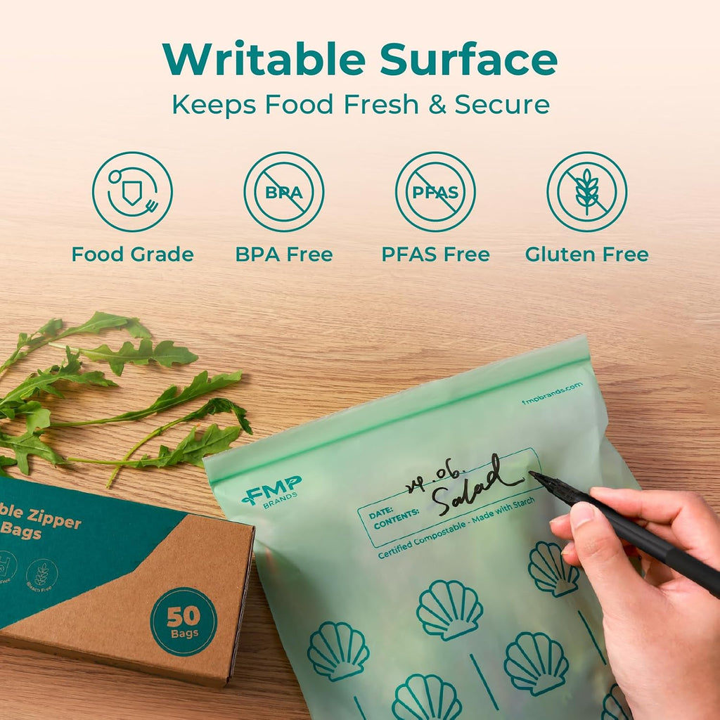 50 Pack 100% Compostable Food Storage Bags, 1 Gallon Freezer Bags, 10.6 x 11.5" Resealable Bag for Vegetables, Meat