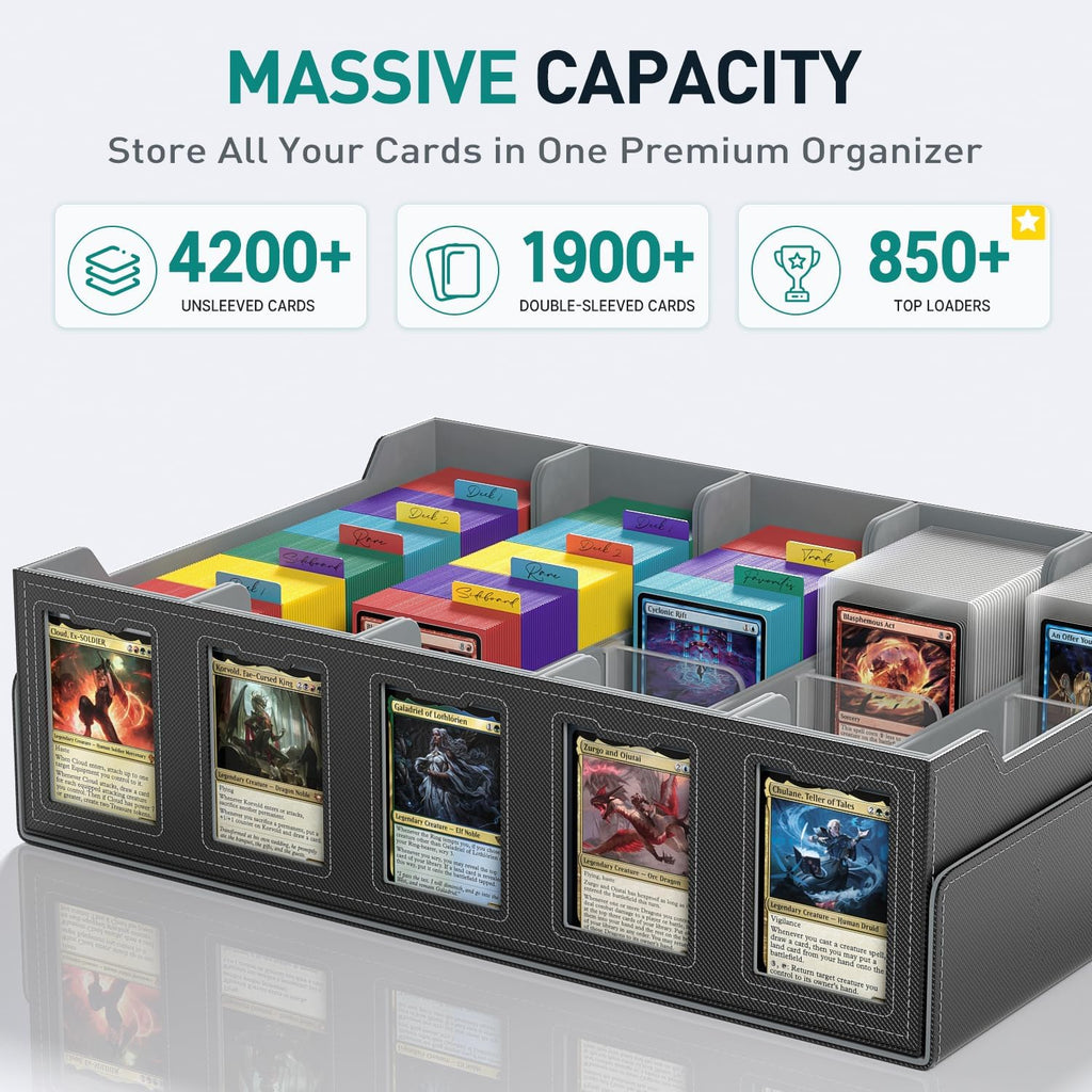Trading Card Storage Box with Commander Display Holds 4200+ Cards | Dual-Function Magnetic Lid, Adjustable Storage