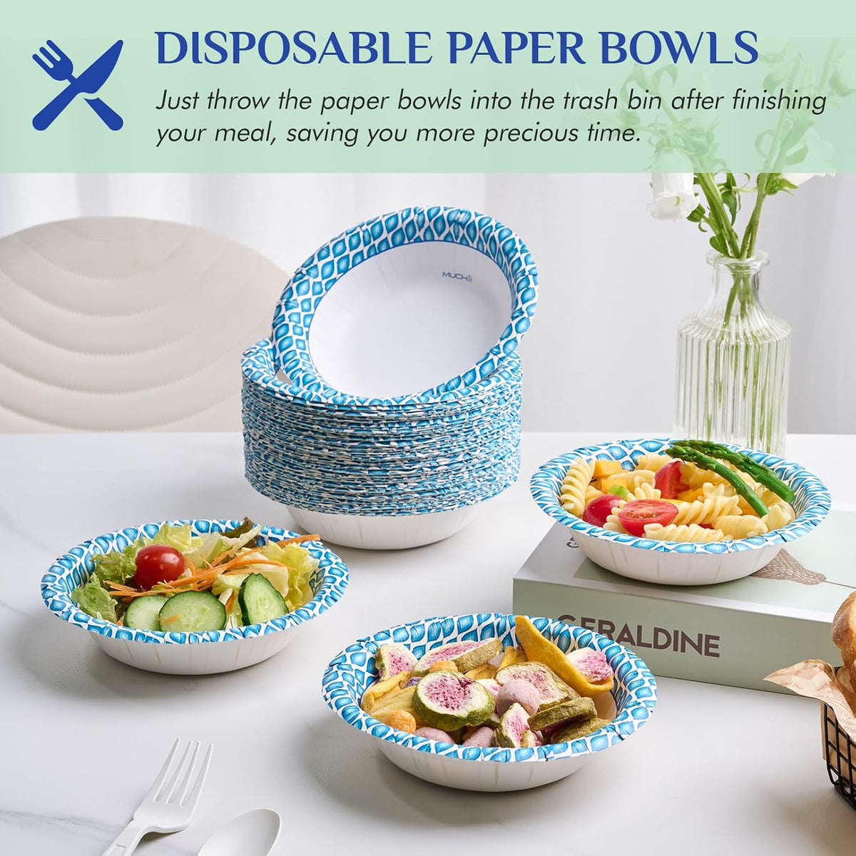 12 oz Paper Bowls, 200 Count Printed Disposable Small Bowls Bulk