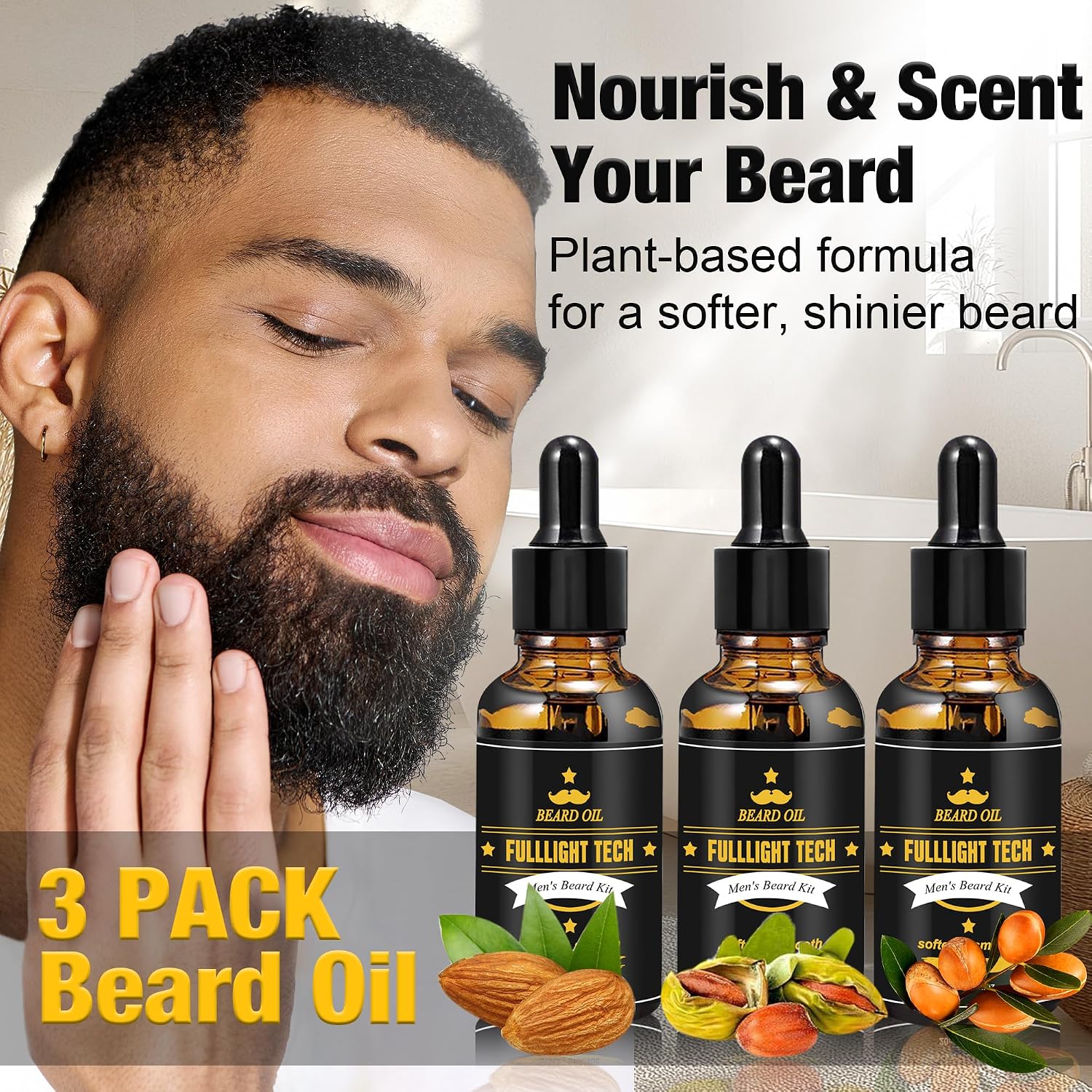 Beard Kit Gifts for Men, 3 Natural Beard Oil, Gently Soothes Itch & Dryness | Complete Beard Care & Grooming Kit with