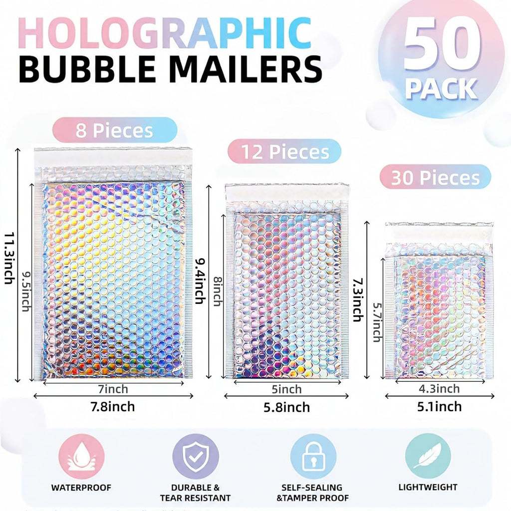 50 Pieces Metallic Bubble Mailers, 3 Sizes