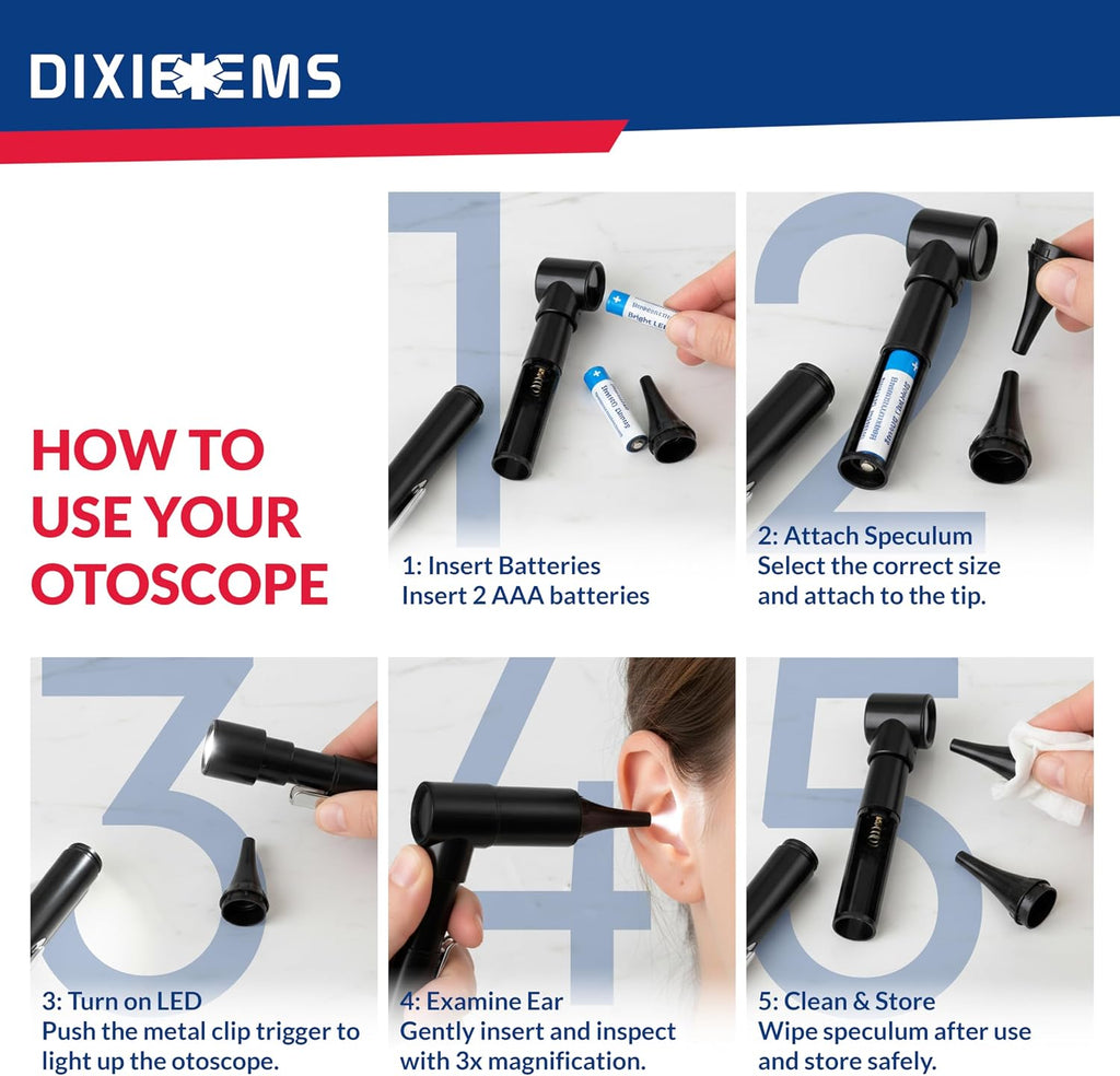 Basic Medical Pocket Size Otoscope with LED Light, Clip and 4 Specula Sizes for Students, EMTs, Nurses, Doctors, and
