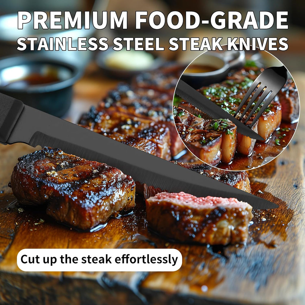 60-Piece Black Silverware Set with Steak Knives Black Stainless Steel Flatware Set for 10 Food Grade Tableware