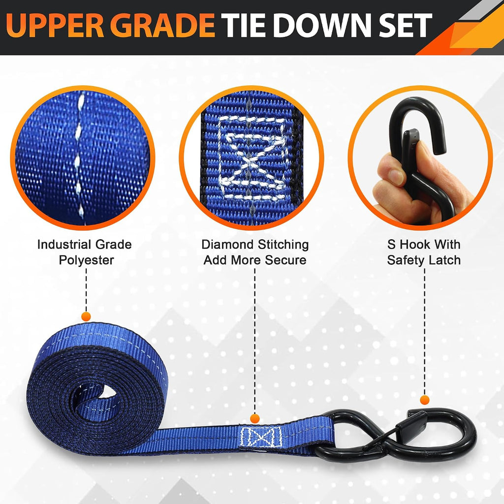4 Pack 1.5" x 8' Ratchet Tie Down Straps with S Hooks, Blue | 5250 LBS Breaking Strength Heavy Duty Ratchet Straps
