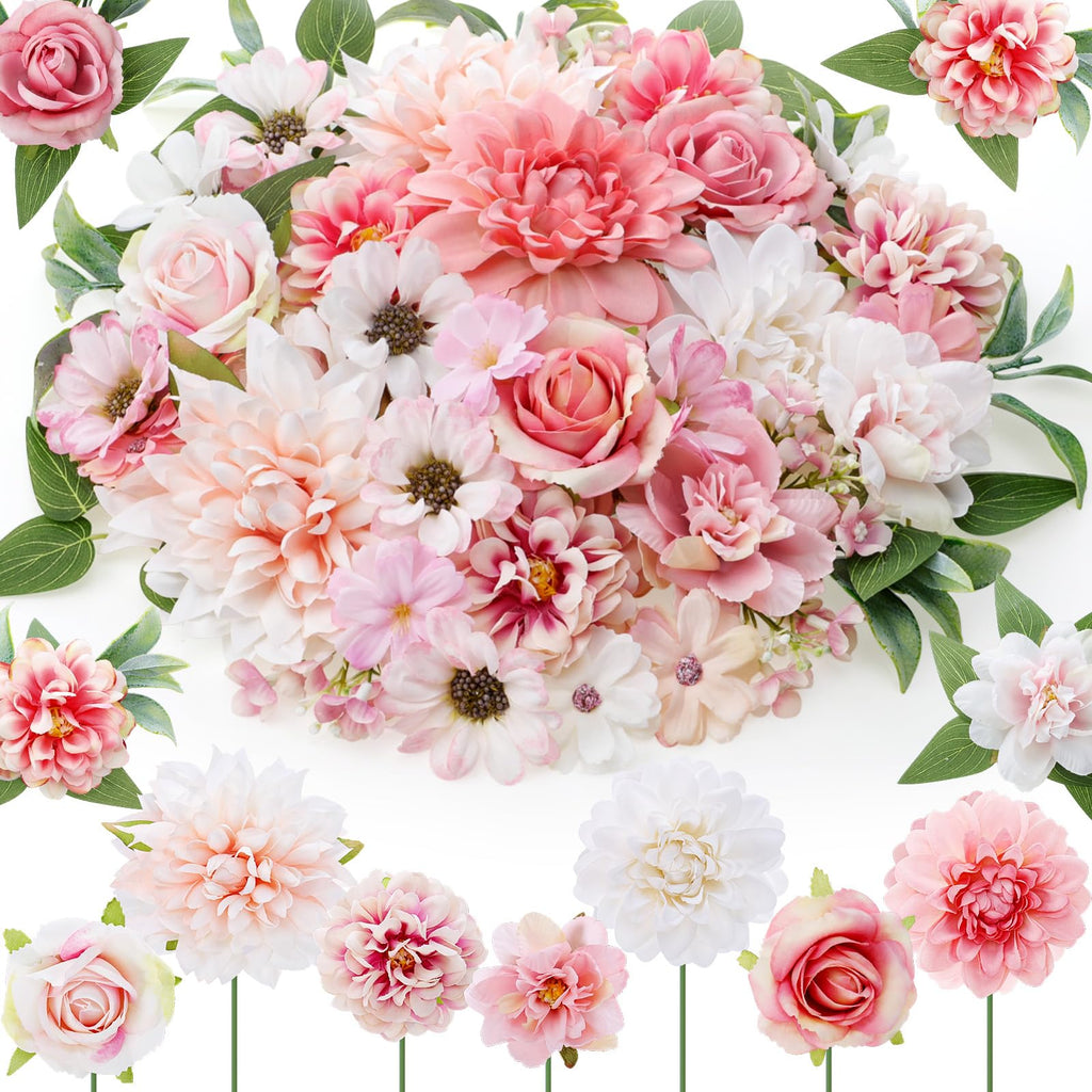 100 Pcs Assorted Fake Flower Heads with Long Stem,Pink