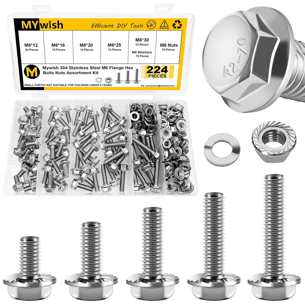 224Pcs M6 Bolt x 12/16/20/25/30mm, M6x1.0 Bolt, Flanged Hex Head Bolts with Flange Nuts Washers, 304 Stainless Steel M6 Screws, Metric Bolt Assortment, DIN 6921 By Mywish