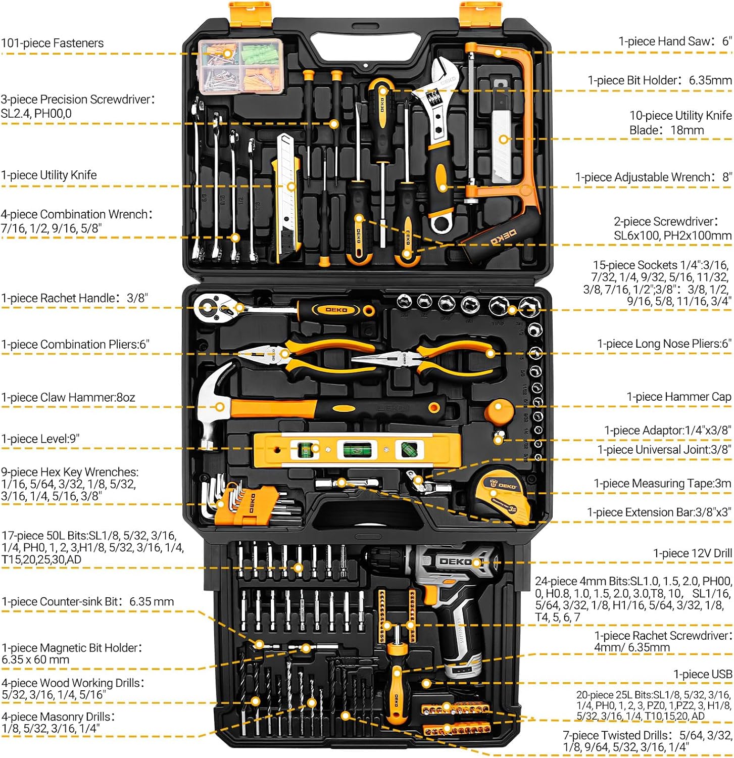 Tool Kit Box Drill Set：DEKOPRO Home Mechanic Toolbox with 12V Power Cordless Drill Hand Repair Tools Sets Combo Kits