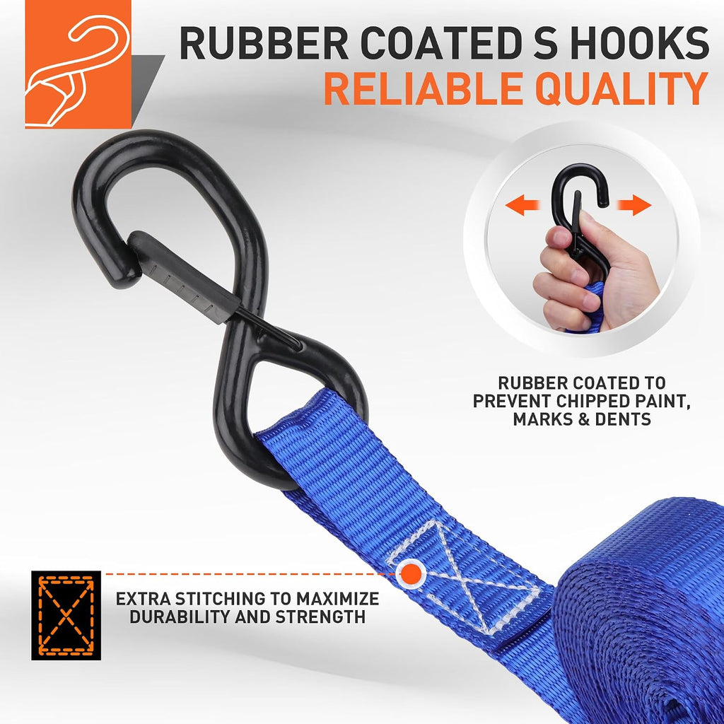 Ratchet Straps Heavy Duty, Tie Down Straps Ratchet Set, 2200 LB Break Strength, Safety Lock S Hooks, Best for Moving
