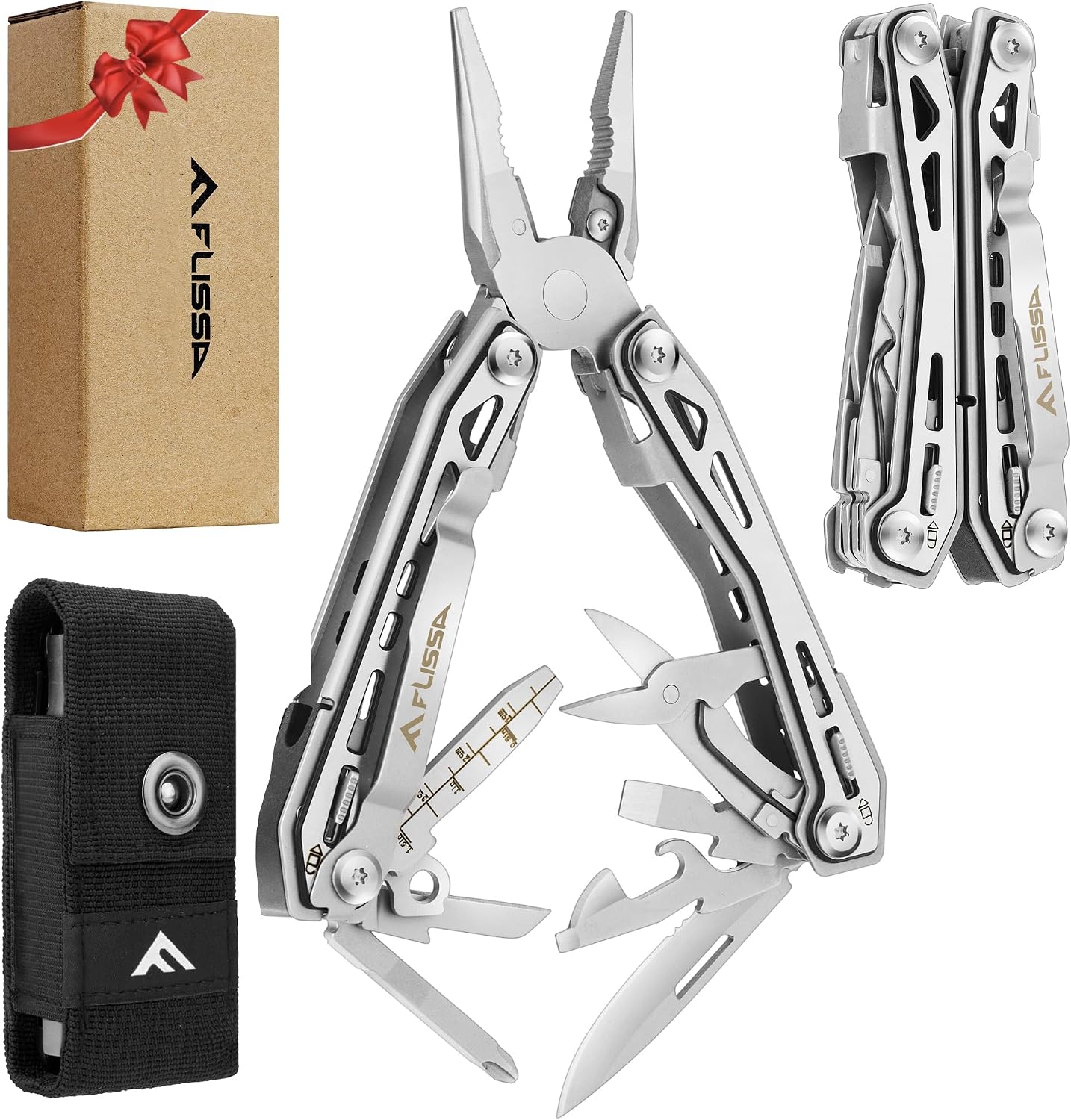 16-In-1 Multi Tool, EDC Multitool, Silver | Gift for Men, Stainless Steel, Pocket Knife, Pliers, Belt Clip, Oxford