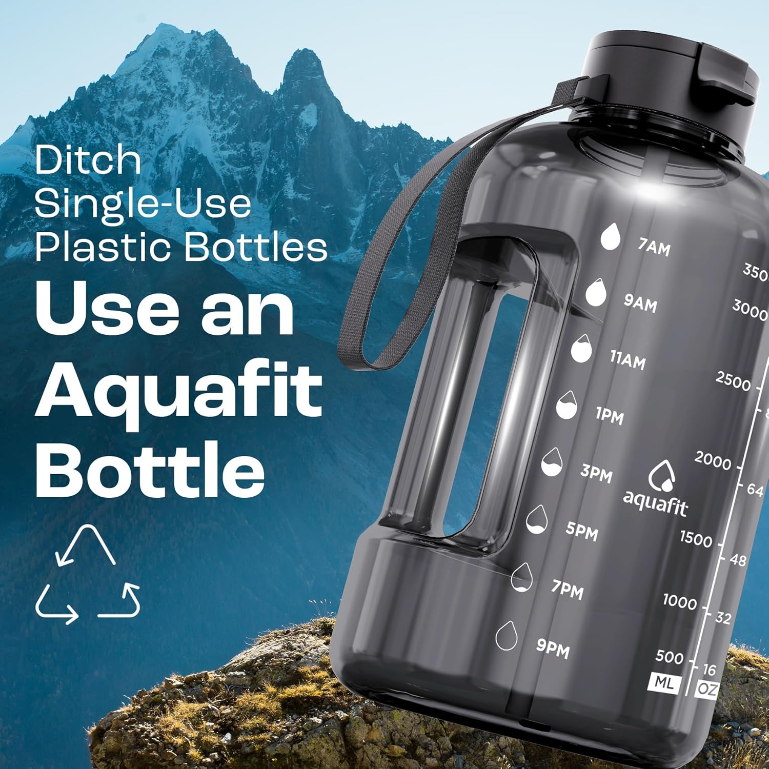 1 Gallon Water Bottle with Time Marker | BPA Free 128 oz Water Bottle with Straw and Chug Lids - Leakproof Gym Water