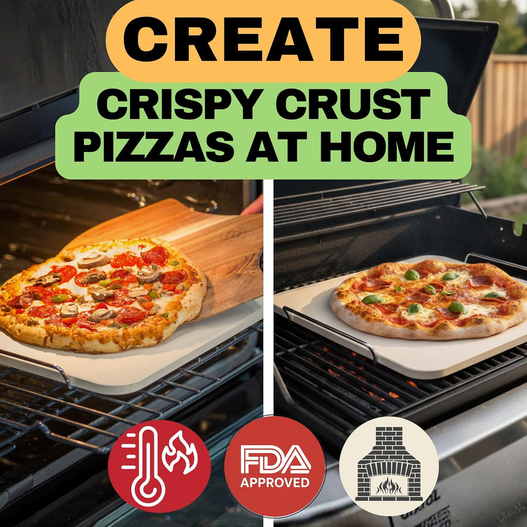 Pizza Stones for Oven and Grill - Pizza Stone with Handles, Wooden Peel and Dough Tool - 15 inch x 12 inch