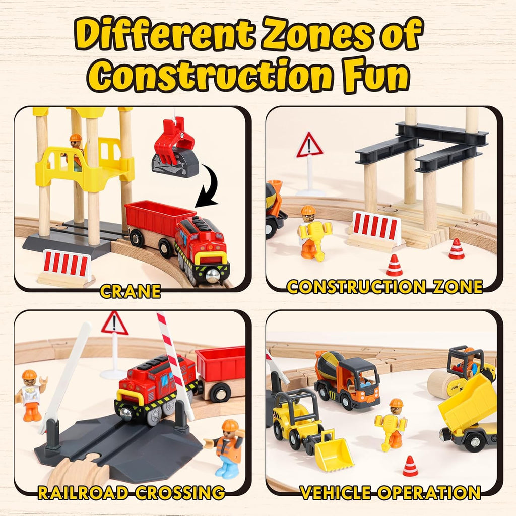 Wooden Train Set, Construction Toys for 3 Year Old Boys | Wooden Train Track Set for Kids w/Crane, Toy Train Railway