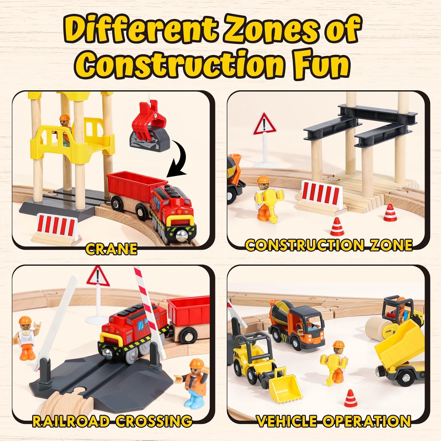 Wooden Train Set, Construction Toys for 3 Year Old Boys | Wooden Train Track Set for Kids w/Crane, Toy Train Railway
