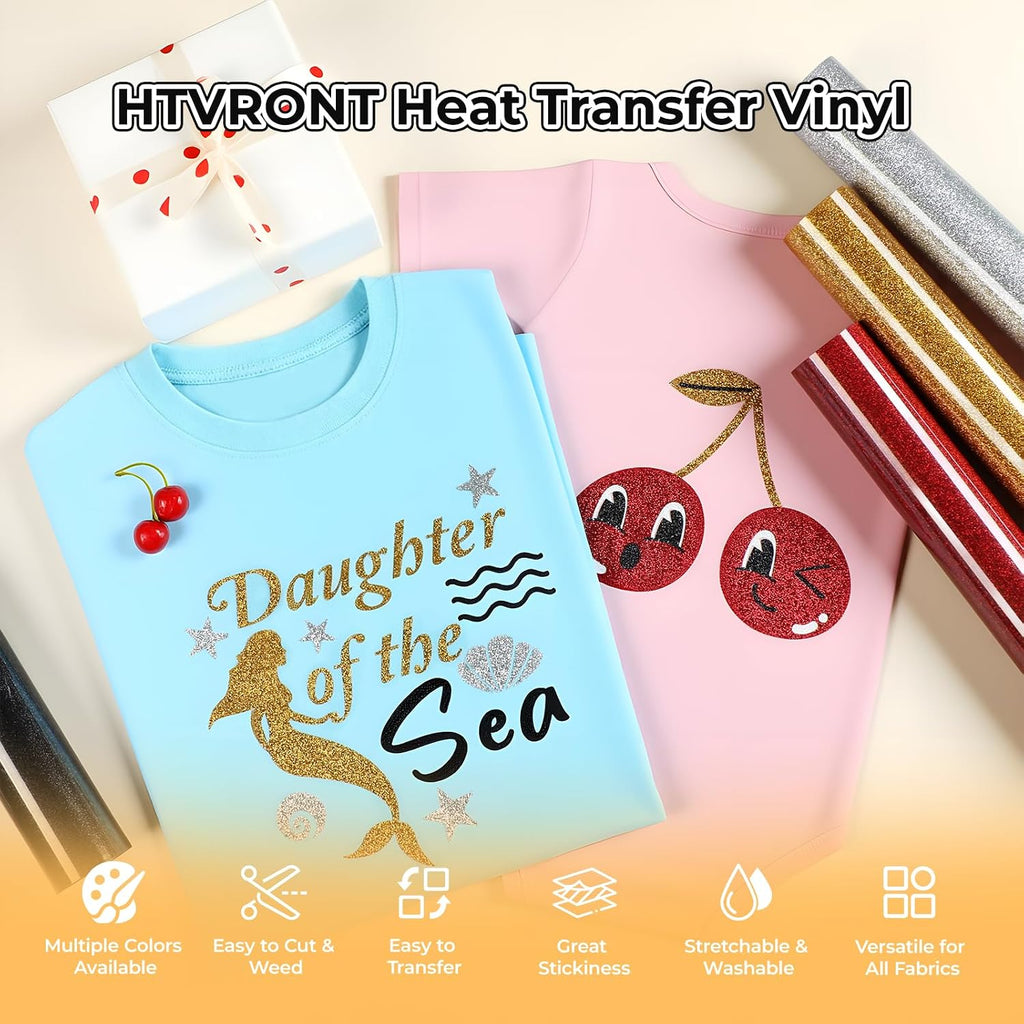 Gold Glitter HTV Vinyl- 12" x 15ft Glitter Iron on Vinyl for Shirts | Gold Glitter Heat Transfer Vinyl Roll for All