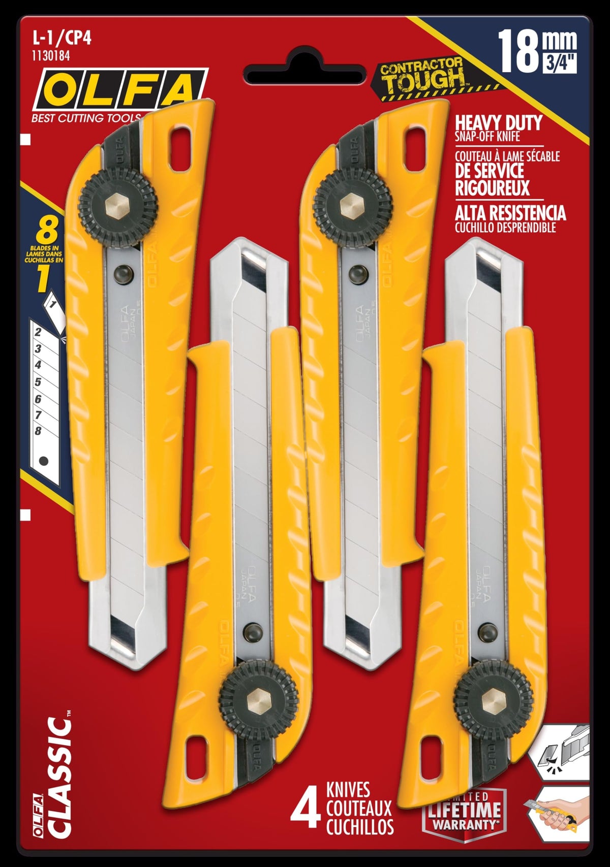 18mm Heavy-Duty Ratchet Lock Utility Knife 4-Pk (L-1/CP4) Snap Blade